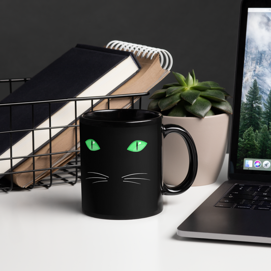 BLACK GLOSSY CAT MUG - Green Eye's